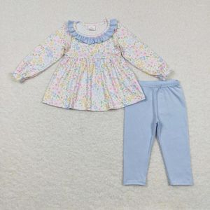 Conjuntos de ropa Venta al por mayor Mangas largas Túnica floral Tops Algodón azul Legging Pantalones Niños Niños Dos piezas Traje para niños pequeños Bebés Flor