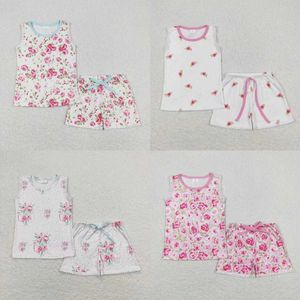 Kledingsets groothandel van vrouwelijke baby mouwloze shirts pyjama's bloemenpunt sets bloemen zomer kinderen Q240517