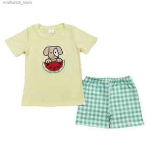 Ensembles de vêtements en gros à manches courtes à manches à manches à manches à manches courtes à manches à manches à manches courtes Coton Childrens Green Chers à carreaux Baby Boy Vêtements SET Été Q240425