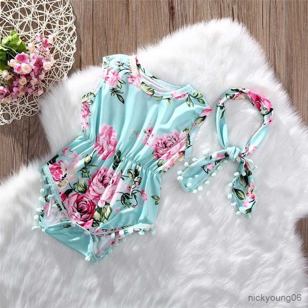 Ensembles de vêtements en gros été belle bébé fille barboteuse vêtements Floral gland combinaison bandeau 2 pièces tenue Sunsuit