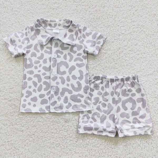 Ensembles de vêtements Bouton-enfant en gros Bouton de sommeil Baby Boy Sleeves Cardigan Gris Grey Leopard Shirts Infant Kid Set Enfants