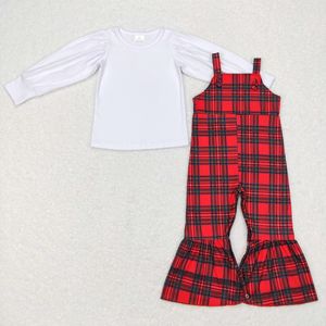 Kledingsets Groothandel Kerstset voor peuters Kinderen Baby Meisje Witte lange mouwen Katoenen tops Geruite overalls Jumpsuit Kerstoutfit voor kinderen 231113