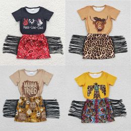 Kledingsets Groothandel Peuter Baby Westerse zomerset Kinderen Babymeisje Shirt Korte mouwen Topkleding Kid Koeprint Kwastjerok