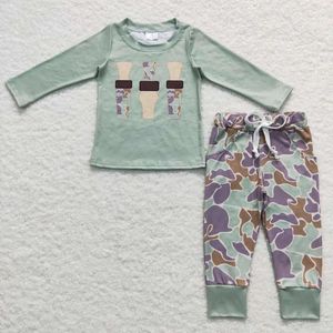 Ensembles de vêtements en gros enfant en bas âge enfants tenue verte vêtements de nuit bébé garçon manches longues pull chemises enfants camo pantalon de poche