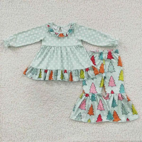 Conjuntos de ropa Venta al por mayor Niños pequeños Mangas largas Puntos verdes Volantes Túnica Tops Traje para niños Bebé Niña Árbol Bell Pantalones inferiores Navidad