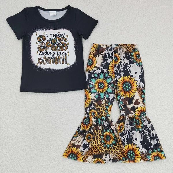 Ensembles de vêtements en gros enfant tournesol tenue bébé fille chemise noire vache imprimé cloche bas pantalon printemps automne enfants enfant western ensemble