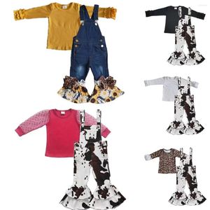 Kledingsets Groothandel Western Baby Girl Denim Overalls Lange mouwen Shirt Koe Kid Kinderen Peuter Bell Bottom Broek Jeans Bretels