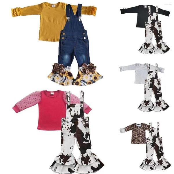 Ensembles de vêtements en gros Western bébé fille denim salopette manches longues chemise vache enfant enfants enfant en bas âge cloche bas pantalon jeans bretelles