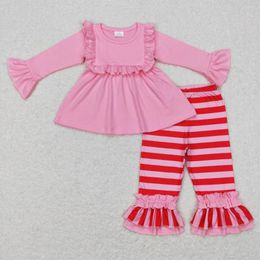 Ensembles de vêtements en gros de la boutique occidentale tenues de bébé vêtements en dentelle rose à manches longues en pantalon à rayures rouges