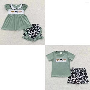 Ensembles de vêtements en gros Western enfant en bas âge enfant été broderie manches courtes coton ensemble enfants vache imprimé shorts correspondant bébé garçon fille