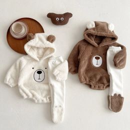 Ensembles de vêtements d'hiver bébé barboteuse collants 2pcs mignon ours vêtements polaire chaud enfants tenue ensemble enfant en bas âge combinaisons pantalon costume 231211