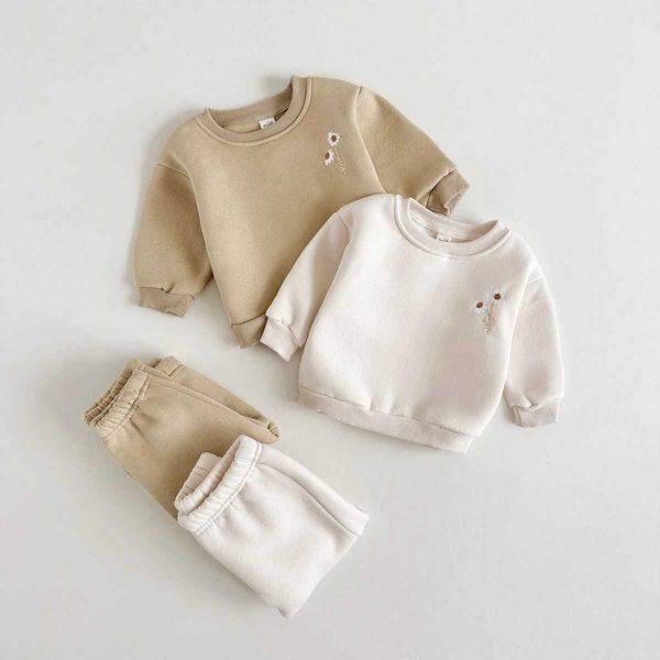 Ensembles de vêtements Vêtements d'hiver pour garçons et filles Épaissie en peluche Daisy Flower Broderie Sweat-shirt chaud + Pantalon Vêtements de sport pour enfants Ensemble de 2 pièces