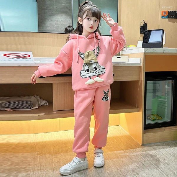 Ensembles de vêtements Hiver Enfants Vêtements Enfants Costume Pull Chaud Fille Polaire Sweats À Capuche Pull Sweat Pantalon 2pcs Ensemble Dessin Animé Lapin Tenues