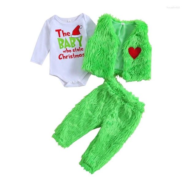 Ensemble de vêtements d'hiver bébé bébé bébé filles garçons d'automne tenue lettre imprimé à manches longues Rompers Green Fur Vests Pant