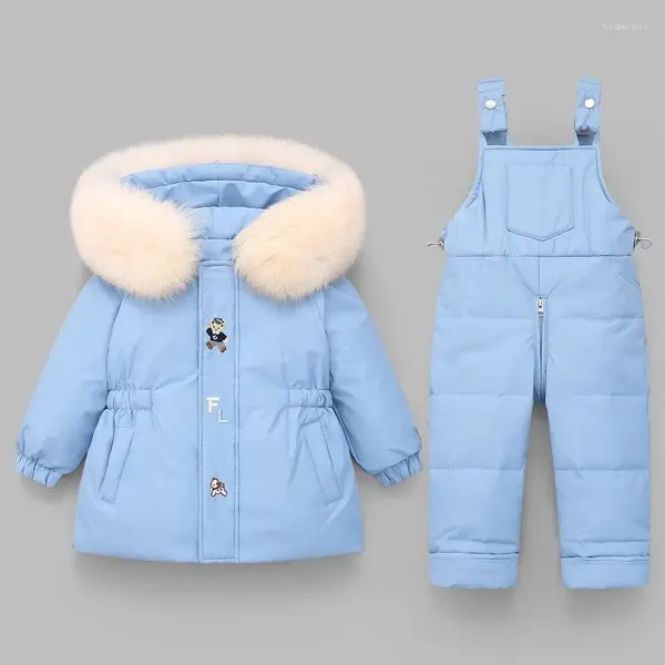 Ensembles de vêtements d'hiver pour filles, vêtements à capuche en fourrure pour tout-petits, manteau en duvet de canard blanc solide, pantalon imperméable et chaud, combinaison de neige TZ364