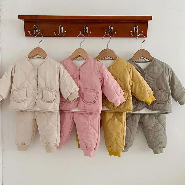 Conjuntos de ropa de invierno para bebés, niños y niñas, conjunto de manga larga, Color sólido, chaqueta gruesa, pantalones, traje de ropa cálida