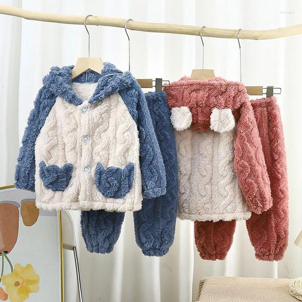 Conjuntos de ropa Invierno Niño Niño Niña Ropa Ropa de dormir con capucha Espesar Suave Franela Pijamas Conjunto Bebé Traje Cálido Niño Chándal A1146