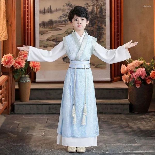 Vêtements Ensembles hiver plus épais chinois Hanfu Boys Year Costume Enfants Ancient Carnival Cosplay Light-bleu pour les enfants