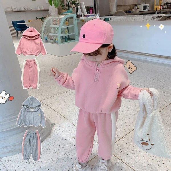 Conjuntos de ropa Invierno Cálido Bebé y niñas con capucha Media cremallera Forro polar Sudadera Chaqueta Pantalón de chándal Conjunto Niños Chándal Niño 2 piezas Traje