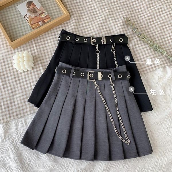 Conjuntos de ropa para mujer 2022 Verano Coreano-Retro Diseño de cintura alta Cadena personalizada Plisada A-Line School Girl Falda Uniforme