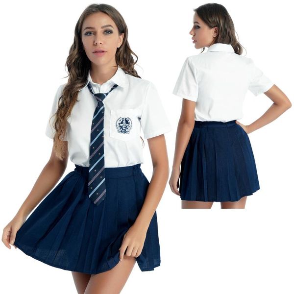 Ensembles de vêtements Femmes Filles Uniforme Scolaire Étudiant Cosplay Costume Costume Broderie Badges Chemise Avec Jupe Plissée Rayé Cravate CostumesClothi