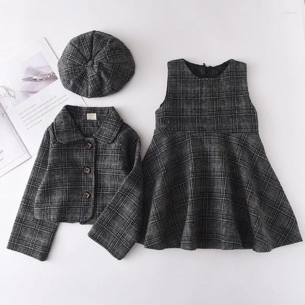 Ensembles de vêtements en laine 3 PCS Enfants d'automne ensemble Petite fille robe vestimentaire jupe top coat Beret Fall Hiver Vêtements 3-7 ans