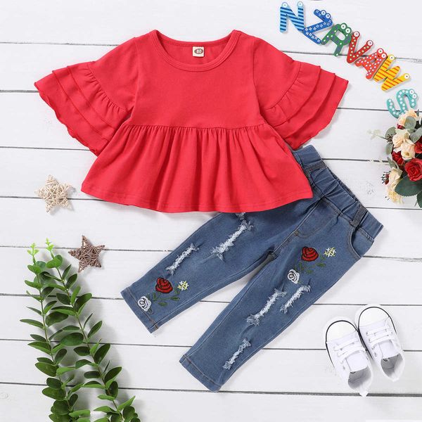 Ensembles de vêtements ans bébé fille 2 pièces ensemble de tenue à manches longues chemise rouge trous déchirés pantalon en jean enfant fille ensemble de vêtements de mode