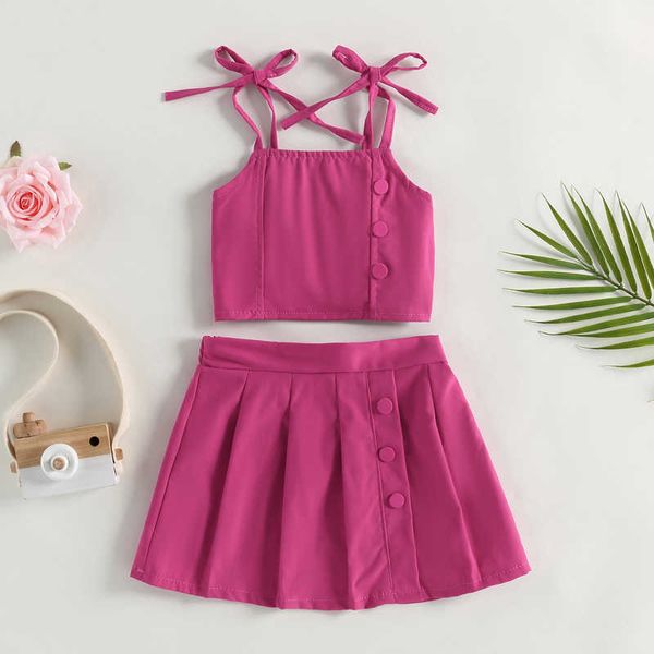 Conjuntos de ropa Años Niños Niñas Trajes de verano Hombro con cordones Tops de color sólido Cintura alta Mini falda plisada Conjunto de ropa roja rosa