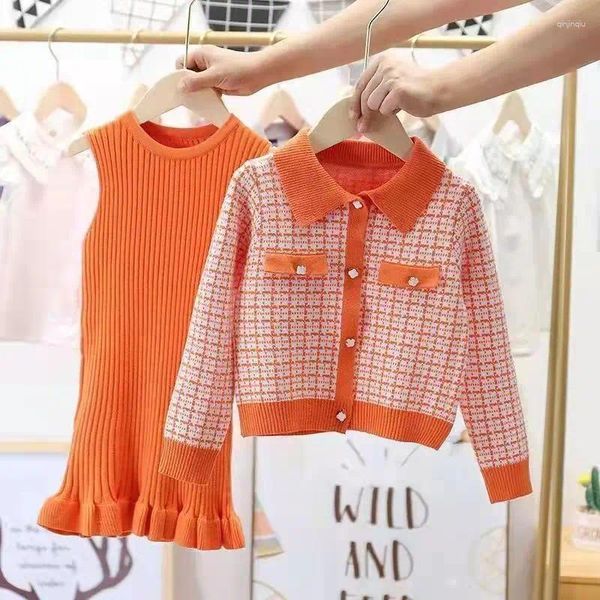 Conjuntos de ropa Conjunto para niños pequeños para niñas Autnmn Chaqueta de celosía de algodón de invierno Vestido delgado de punto 2 piezas Ropa para niños adolescentes 4 a 12