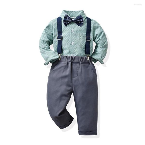 Kleidungssets für Kleinkinder, Anzug, Gentleman-Outfits, Party-Set, langärmlig, grünes Hemd, graue Hose, Hosenträger, Kinder, Jungen, 1 bis 7 Jahre