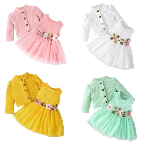 Conjuntos de ropa ZDHoor 2 piezas Vestido de algodón para niñas y vestido de malla de punto sin mangas con abrigo de manga larga