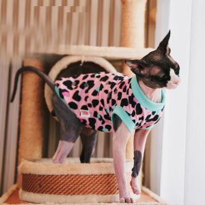 Vêtements Sphinx Vêtements pour chats sans poils Chatons pour animaux de compagnie Sweats à capuche Chemise Imprimé léopard Sphynx Devon Rex Costumes Vêtements chauds et doux pour chats chiens