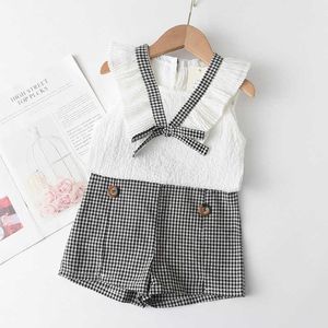 Kleding Zomer Babymeisjes Kleding Sets Kinderen Solid kleurenpak Mouwloze Chiffon Bow Top Plaid Pattern Shorts PCS Casual Outfits