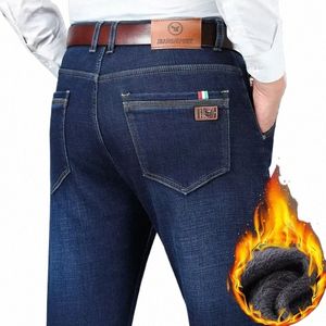 Vêtements d'hiver pour hommes Jeans en polaire chaude pour hommes Busin Épaissir Denim Pantalon Stretch Pantalon droit Plus Taille 29-40 C0iH #