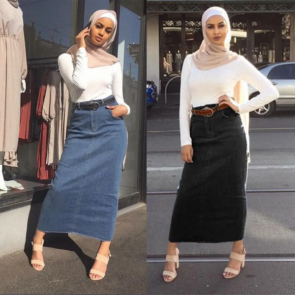 Vêtements Femmes Denim Jupe Longue Droite Moulante Maxi Jupes Taille Haute Abaya Bas Musulmans Islamique Jeans Jupes Moyen-Orient Mode