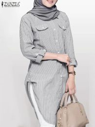 Kleding Women Long Shirt Zanzea Muslim Blouse Fashion Long Sleeve Streep Print Blusas Casual tops Turkije Abaya Kaftan Islamitische kleding
