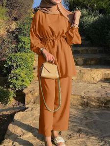 Vêtements Zanzea Fashion Muslim Matching Sets Femmes Elegant OL Work Overifits Automne Casual Urban Tracksuit Vintage Wide Leg Pant 2pcs 2024
