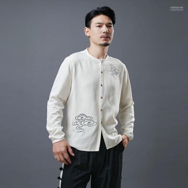 Chemise Nuage Mâle Chinois Col Vent Jeunesse À Manches Longues Cardigan Blanc Costume De Performance Occasionnel Hommes À Manches Longues Chemises Pour Hommes Eldd22