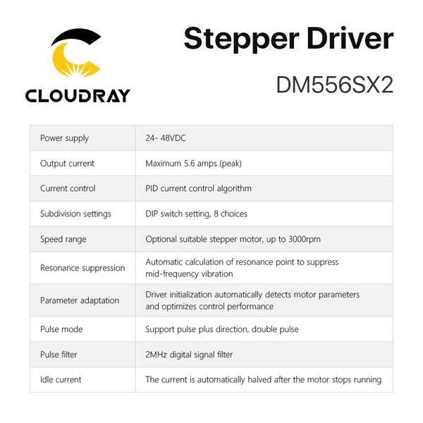 Cloudray NEMA 23/24 Conducteur de moteur pas à pas DM556SX2 5.6A 24 ~ 48VDC pour 2PCS Contrôleur de moteur pas à pas CNC Machine de gravure CNC
