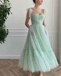 CloverBridal Mint Aline Fairy Glitter Tule Enkellange Cocktailjurk Sweetheart Strikbandjes Verjaardagsjurk met Zakken WC9740 240227