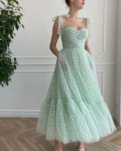 CloverBridal Mint Aline Fée Paillettes Tulle Longueur Cheville Robe de Cocktail Chérie Noeud Bretelles Robe d'Anniversaire avec Poches WC9740 240227