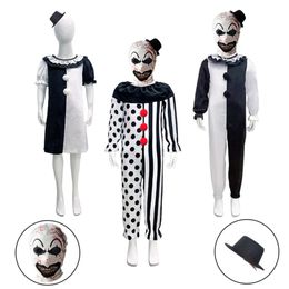 Clown Cosplay Film Terriifier Clown Cosplay Jurk Kostuum Kind Jumpsuit Hoed Outfits Halloween Party Kostuums Masker Prop voor Kidcosplay