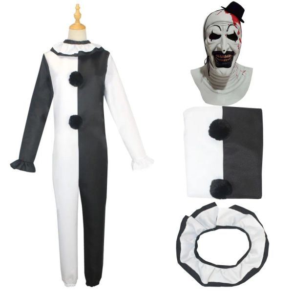 Clown Joker Cosplay Costume Mask Terrifier Sumpsuit Mujeres Hombres Halloween Horror Negro Blanco Blanco Arte TV The Clown Ropa Set