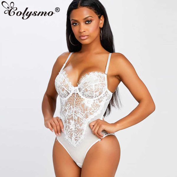 Cloysmo blanc noir dentelle body femmes été sans manches maille couture Sexy évider décontracté barboteuses néon vert 210527