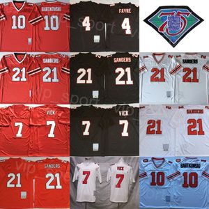 Equipo de fútbol retro 7 Michael Vick Jersey 10 Steve Bartkowski 21 Deion Sanders 4 Brett Favre 75 aniversario bordado y costura Negro Rojo Blanco para fanáticos del deporte