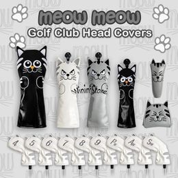 Club Heads Golf Headcover Cute Cat Golf Club Head Cover para Driver Fairway Hybrid Putter PU Protector de cuero Cubiertas de madera 231204
