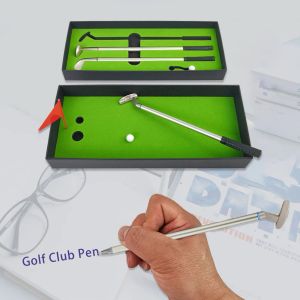 Clubs Mini Desktop Golf Ball Pen avec 2 balles Flag Golf Club Ballpoint Pen Set Metal Novelty Funny Gift For Collègue Men Golfer
