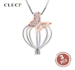 CLUCI 3 pièces argent 925 or Rose pendentif médaillon femmes bijoux 925 argent Sterling Zircon papillon perle Cage pendentif SC364SB 021327546110