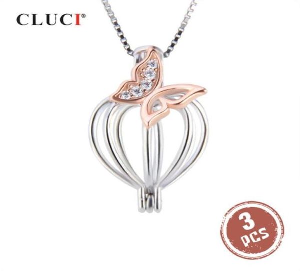 CLUCI 3 pièces argent 925 or Rose pendentif médaillon femmes bijoux 925 argent Sterling Zircon papillon perle Cage pendentif SC364SB 021322079456