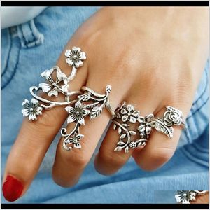 Cluster Sieraden Drop Levering 2021 Mode Unieke 1 Set 4 Stks Womens Ring Punk Vintage Sier Hollow Flower Four-Piece Rings Groothandel Q7ZDR